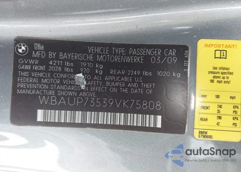 2009 BMW 128I z USA, uszkodzony, nr VIN WBAUP73539VK75808